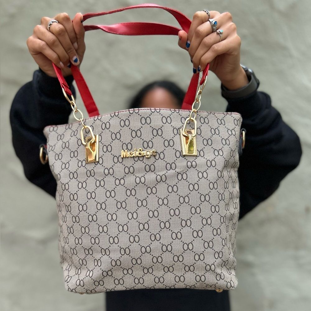 Gray Tote Bag with Red Straps